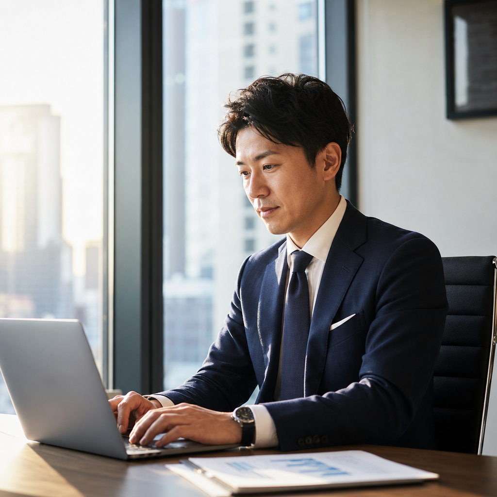 早朝にオフィスで働くスーツ姿のCEO