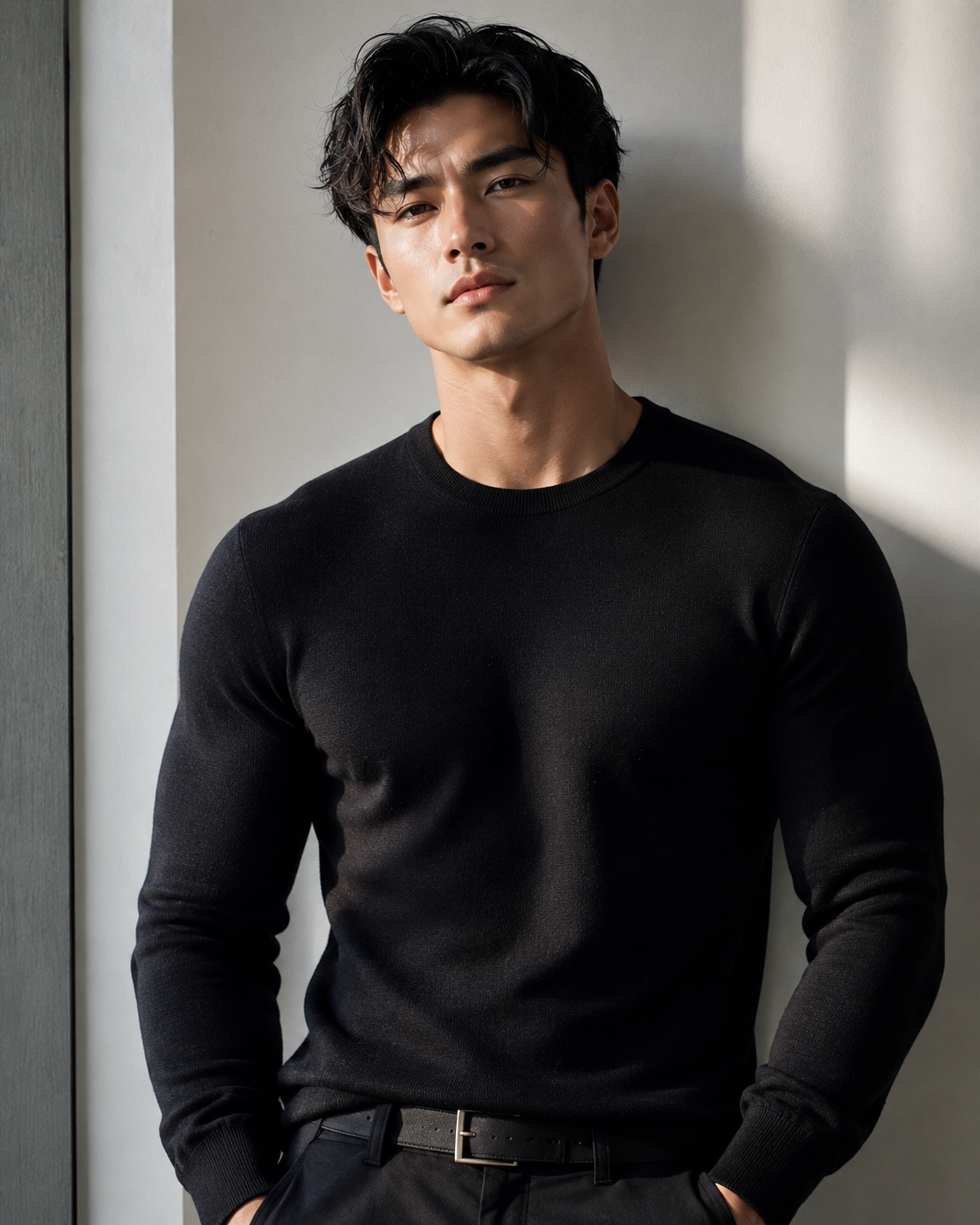 黒いニットを着たモデルの男性