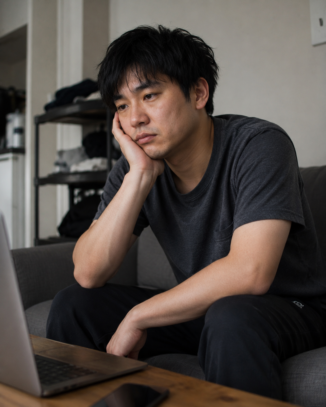 ソファで頬杖をつきけだるそうにする男性