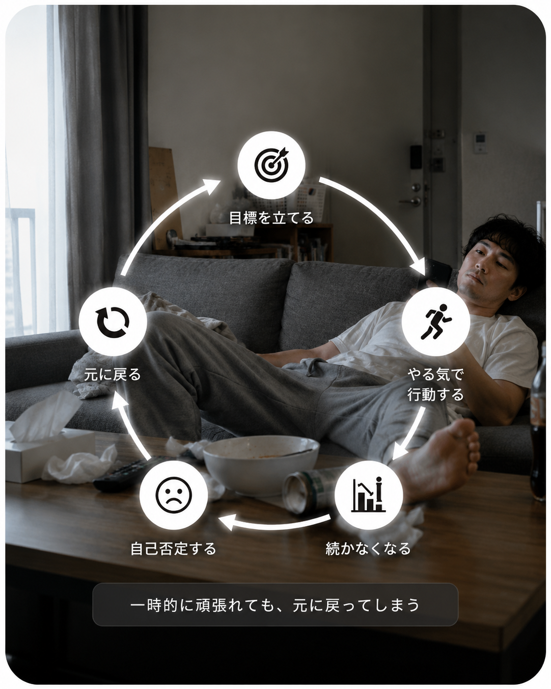 ソファで過ごす男性に重なる、行動だけを変えても元に戻ってしまうループ図