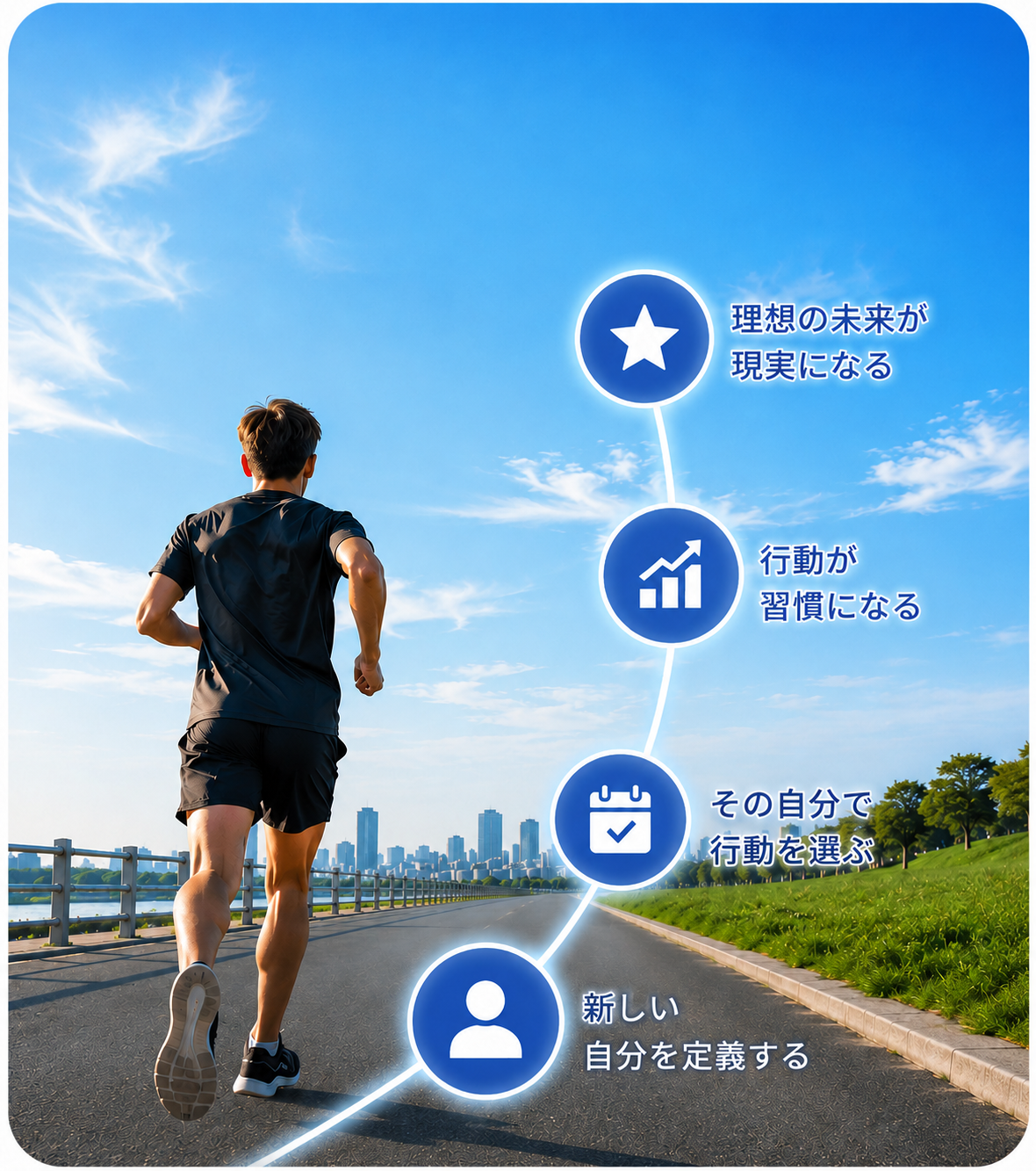 河川敷を走る男性に重なる、アイデンティティから変えていく4ステップの図